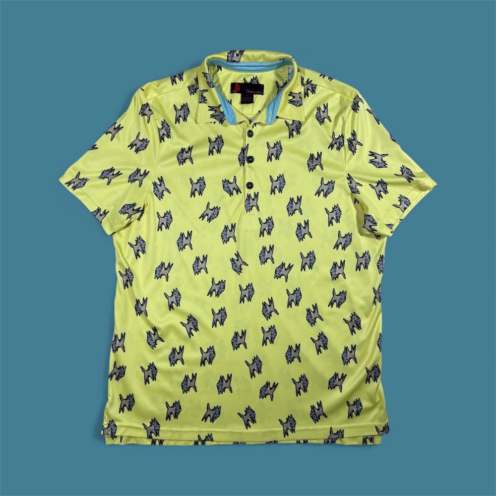 Jamie Sadock Mens Golf Polo Shirt L Yellow All Over Dog‎ Print Short Sleeve Polo